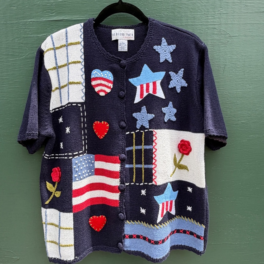 Vintage Americana Patchwork Cardigan Navy Knit Stars Stripes storybook short L